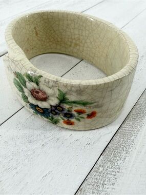 Vintage Hand Painted Floral Ceramic Bangle Bracelet Small Fit Oval Crackle